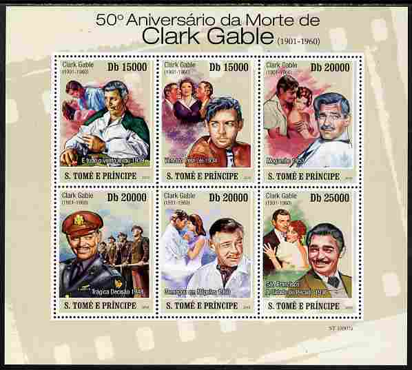 St Thomas & Prince Islands 2010 50th Anniversary of Death of Clark Gable perf sheetlet containing 6 values unmounted mint , stamps on personalities, stamps on films, stamps on movies, stamps on cinema