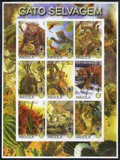 Angola 2000 Big Cats imperf sheetlet containing set of 9 values (vert format) each with Rotary & Scouts Logos, unmounted mint, stamps on cats, stamps on lions, stamps on tigers, stamps on leopards, stamps on cheetahs, stamps on rotary, stamps on scouts
