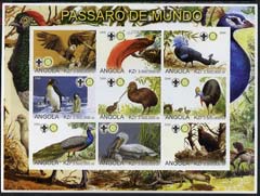 Angola 2000 Exotic Birds imperf sheetlet containing set of 9 values (horiz format) each with Rotary & Scouts Logos, unmounted mint, stamps on birds, stamps on penguins, stamps on birds of prey, stamps on rotary, stamps on scouts