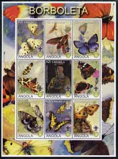 Angola 2000 Butterflies perf sheetlet #01 containing set of 9 values each with Rotary & Scouts Logos, unmounted mint, stamps on butterflies, stamps on rotary, stamps on scouts