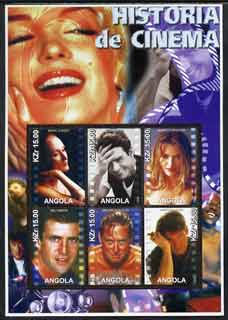 Angola 2002 History of the Cinema #01 large perf sheetlet containing set of 6 values unmounted mint (Meryl Streep, Tom Cruise, Michelle Pfeiffer, Mel Gibson, Michael Douglas & Harrison Ford), stamps on , stamps on  stamps on cinema, stamps on  stamps on films, stamps on  stamps on entertainments, stamps on  stamps on movies, stamps on  stamps on personalities