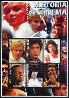 Angola 2002 History of the Cinema #02 large perf sheetlet containing set of 6 values unmounted mint (Robert Redford, Al Pacino, John Travolta, Jack Nicholson, Robert De N..., stamps on cinema, stamps on films, stamps on entertainments, stamps on movies, stamps on personalities