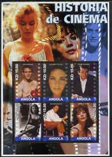 Angola 2002 History of the Cinema #03 large perf sheetlet containing set of 6 values unmounted mint (Paul Newman, Liz Taylor, Gregory Peck (inscribed Steve McQueen in error) Sophia Loren, Richard Burton & Natilie Wood), stamps on cinema, stamps on films, stamps on entertainments, stamps on movies, stamps on personalities