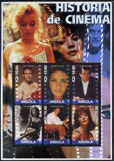 Angola 2002 History of the Cinema #03 large imperf sheetlet containing set of 6 values unmounted mint (Paul Newman, Liz Taylor, Gregory Peck (inscribed Steve McQueen in error) Sophia Loren, Richard Burton & Natilie Wood), stamps on cinema, stamps on films, stamps on entertainments, stamps on movies, stamps on personalities