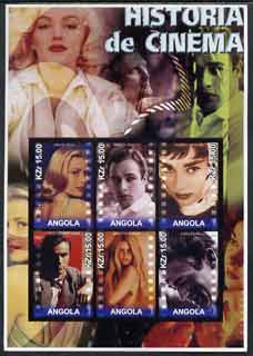 Angola 2002 History of the Cinema #04 large imperf sheetlet containing set of 6 values unmounted mint (Grace Kelly, Marlon Brando, Audrey Hepburn, Montgomery Clift, Brigitte Bardot & James Dean), stamps on cinema, stamps on films, stamps on entertainments, stamps on movies, stamps on personalities