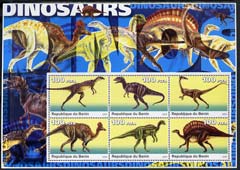Benin 2003 Dinosaurs #01 large perf sheetlet containing set of 6 values unmounted mint, stamps on dinosaurs