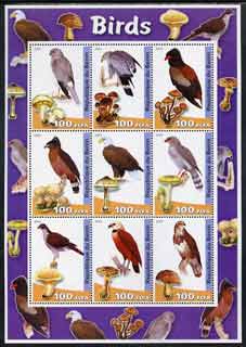 Benin 2003 Birds & Fungi large perf sheetlet containing set of 9 values unmounted mint, stamps on , stamps on  stamps on birds, stamps on  stamps on birds of prey, stamps on  stamps on fungi