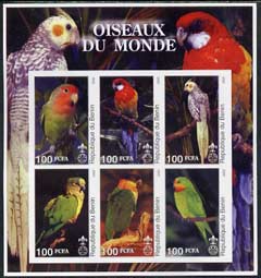 Benin 2002 Parrots imperf sheetlet containing set of 6 values each with Scout Logo unmounted mint, stamps on birds, stamps on parrots, stamps on scouts