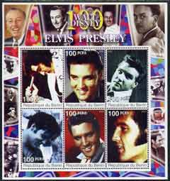 Benin 2002 Birth Centenary of Walt Disney perf sheetlet containing 6 values showing Elvis (with Disney in borders) unmounted mint, stamps on elvis, stamps on music, stamps on entertainments, stamps on films, stamps on disney, stamps on cinema