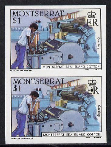 Montserrat 1985 Sea Island Cotton $1 (Operator at Carding Machine) imperf pair (SG 646var), stamps on industry, stamps on textiles, stamps on cotton