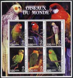 Benin 2002 Parrots perf sheetlet containing set of 6 values each with Scout Logo unmounted mint, stamps on birds, stamps on parrots, stamps on scouts