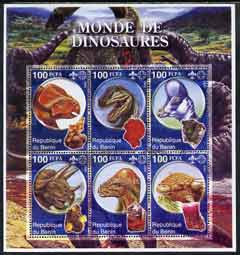 Benin 2002 World of Dinosaurs (& Minerals) perf sheetlet containing set of 6 values each with Scout Logo unmounted mint, stamps on dinosaurs, stamps on minerals, stamps on scouts