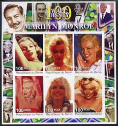 Benin 2002 Birth Centenary of Walt Disney featuring Marilyn Monroe imperf sheetlet containing set of 6 values unmounted mint, stamps on films, stamps on cinema, stamps on entertainments, stamps on disney, stamps on marilyn monroe