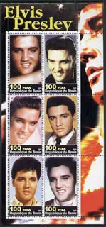 Benin 2003 Elvis Presley #03 perf sheetlet containing set of 6 values unmounted mint, stamps on personalities, stamps on elvis, stamps on music, stamps on films, stamps on entertainments, stamps on pops, stamps on 