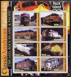 Benin 2003 Classic American Railroads #05 - Chicago, Rock island & Pacific, perf sheetlet containing set of 8 values unmounted mint, stamps on , stamps on  stamps on railways