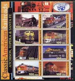 Benin 2003 Classic American Railroads #09 - Atchison, Topeka & Santa Fe, perf sheetlet containing set of 8 values unmounted mint, stamps on railways