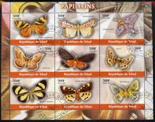 Chad 2004 Butterflies perf sheetlet containing 9 values fine cto used, stamps on butterflies