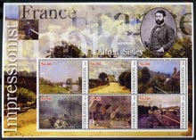 Uzbekistan 2001 Impressionist France - Alfred Sisley large perf sheetlet containing 6 values unmounted mint, stamps on , stamps on  stamps on arts, stamps on  stamps on sisley