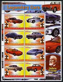 Iraqi Kurdistan Region 2005 Legendary Cars #1 large perf sheetlet containing 8 values each with 100th Anniversary of Scouting, Jules Verne in margin, unmounted mint , stamps on cars, stamps on scouts, stamps on literature, stamps on personalities, stamps on sci-fi, stamps on ferrari