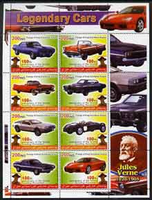 Iraqi Kurdistan Region 2005 Legendary Cars #2 large perf sheetlet containing 8 values each with 100th Anniversary of Scouting, Jules Verne in margin, unmounted mint , stamps on cars, stamps on scouts, stamps on literature, stamps on personalities, stamps on sci-fi, stamps on ferrari, stamps on chevrolet, stamps on dodge