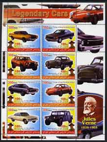 Iraqi Kurdistan Region 2005 Legendary Cars #3 large perf sheetlet containing 8 values each with 100th Anniversary of Scouting, Jules Verne in margin, unmounted mint , stamps on cars, stamps on scouts, stamps on literature, stamps on personalities, stamps on sci-fi, stamps on porsche, stamps on chevrolet, stamps on aston martin, stamps on mercedes