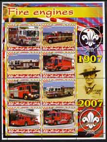 Iraqi Kurdistan Region 2005 Fire Engines #1 large perf sheetlet containing 8 values with Baden Powell & Scout Logo in margin, unmounted mint , stamps on fire, stamps on scouts, stamps on 