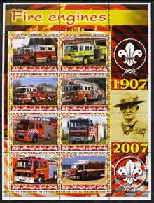 Iraqi Kurdistan Region 2005 Fire Engines #2 large perf sheetlet containing 8 values with Baden Powell & Scout Logo in margin, unmounted mint , stamps on fire, stamps on scouts, stamps on 