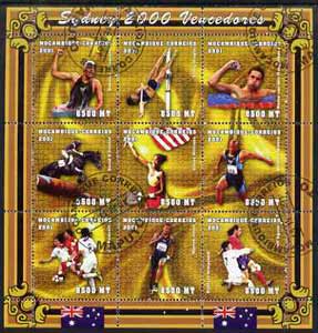 Mozambique 2001 Sydney Olympics perf sheetlet #2 containing 9 values fine cto used (Swimming, Pole Vault, Equestrian, Tennis, Running & Football), stamps on olympics, stamps on swimming, stamps on tennis, stamps on horses, stamps on show jumping, stamps on football, stamps on running, stamps on sport