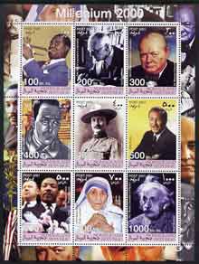 Somaliland 2001 Millennium series - Personalities perf sheetlet containing 9 values unmounted mint (Satchmo, H Hesse, Churchill, Baden Powell, Camus, W Disney, Martin Luther King, Mother Teresa & Albert Einstein), stamps on personalities, stamps on millennium, stamps on constitutions, stamps on jazz, stamps on music, stamps on literature, stamps on churchill, stamps on scouts, stamps on disney, stamps on films, stamps on cinema, stamps on science, stamps on nobel, stamps on human rights, stamps on physics, stamps on personalities, stamps on einstein, stamps on science, stamps on physics, stamps on nobel, stamps on maths, stamps on space, stamps on judaica, stamps on atomics