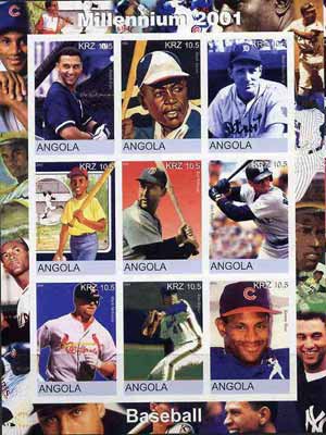 Angola 2001 Millennium series - Baseball Stars imperf sheetlet of 9 values unmounted mint, stamps on personalities, stamps on millennium, stamps on sport, stamps on baseball