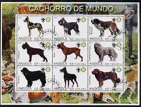 Angola 2000 Dogs perf sheetlet containing set of 9 values each with Rotary & Scouts Logos, fine cto used, stamps on animals, stamps on dogs, stamps on rotary, stamps on scouts, stamps on doberman, stamps on st bernard, stamps on newfoundland, stamps on boxer, stamps on pryanean