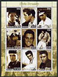 Benin 2002 Elvis Presley perf sheet containing set of 9 values unmounted mint, stamps on personalities, stamps on elvis, stamps on music, stamps on films, stamps on entertainments, stamps on pops