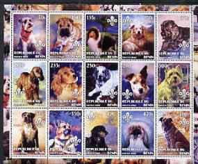 Benin 2002 Paintings of Dogs perf sheet containing set of 15 values each with Scouts Logo, unmounted mint, stamps on dogs, stamps on arts, stamps on scouts, stamps on collie, stamps on spaniel, stamps on westie, stamps on boxer, stamps on  gsd , stamps on retriever, stamps on terrier, stamps on pekenese