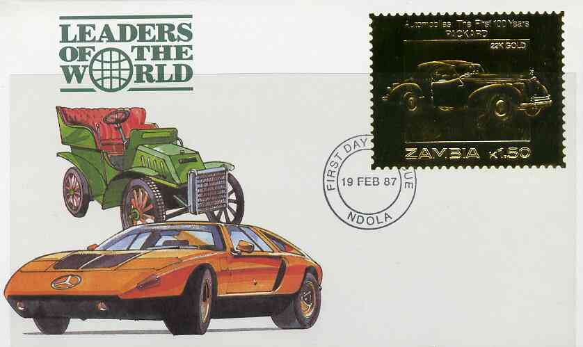 Zambia 1987 Classic Cars 1k50 Packard in 22k gold foil on cover with first day of issue cancel, limited edition and very elusive, stamps on 