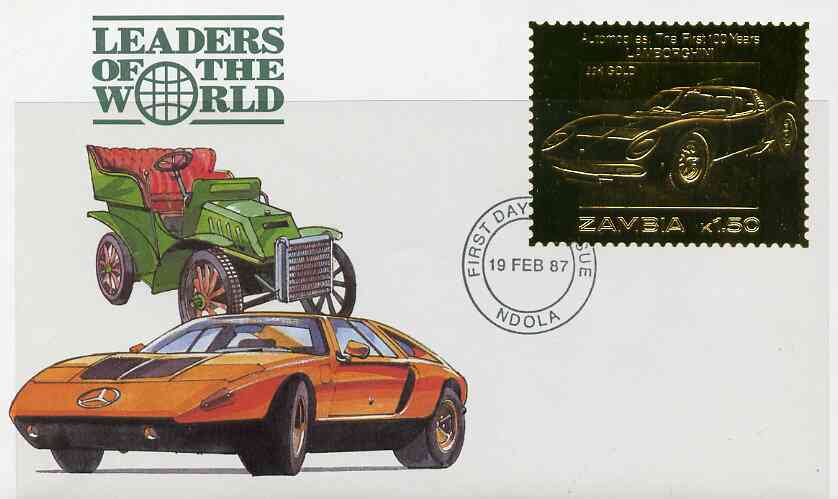 Zambia 1987 Classic Cars 1k50 Lamborghini in 22k gold foil on cover with first day of issue cancel, limited edition and very elusive, stamps on , stamps on  stamps on zambia 1987 classic cars 1k50 lamborghini in 22k gold foil on cover with first day of issue cancel, stamps on  stamps on  limited edition and very elusive