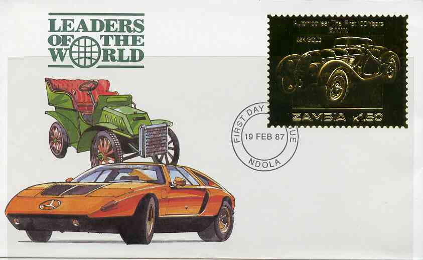 Zambia 1987 Classic Cars 1k50 BMW in 22k gold foil on cover with first day of issue cancel, limited edition and very elusive, stamps on , stamps on  stamps on zambia 1987 classic cars 1k50 bmw in 22k gold foil on cover with first day of issue cancel, stamps on  stamps on  limited edition and very elusive