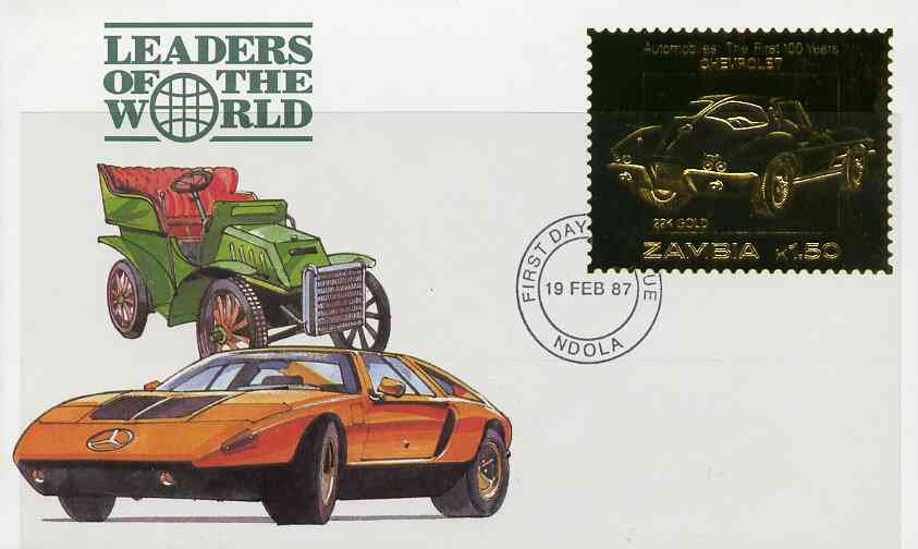 Zambia 1987 Classic Cars 1k50 Chevrolet in 22k gold foil on cover with first day of issue cancel, limited edition and very elusive, stamps on 