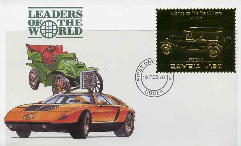 Zambia 1987 Classic Cars 1k50 Lancia in 22k gold foil on cover with first day of issue cancel, limited edition and very elusive, stamps on 