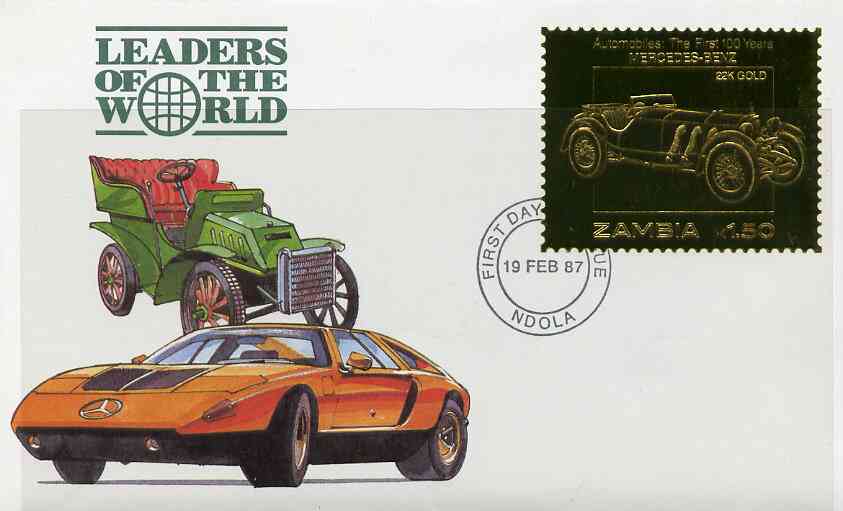 Zambia 1987 Classic Cars 1k50 Mercedes-Benz in 22k gold foil on cover with first day of issue cancel, limited edition and very elusive, stamps on 