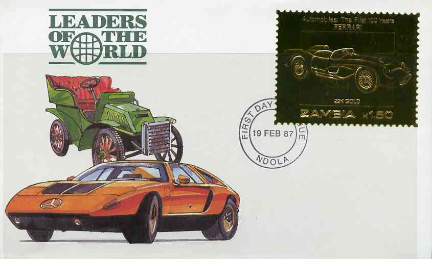 Zambia 1987 Classic Cars 1k50 Ferrari in 22k gold foil on cover with first day of issue cancel, limited edition and very elusive, stamps on ferrari, stamps on cars