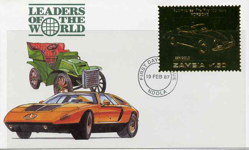 Zambia 1987 Classic Cars 1k50 Porsche in 22k gold foil on cover with first day of issue cancel, limited edition and very elusive, stamps on 