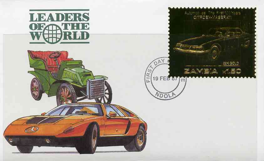Zambia 1987 Classic Cars 1k50 Citroen-Maserati in 22k gold foil on cover with first day of issue cancel, limited edition and very elusive, stamps on 