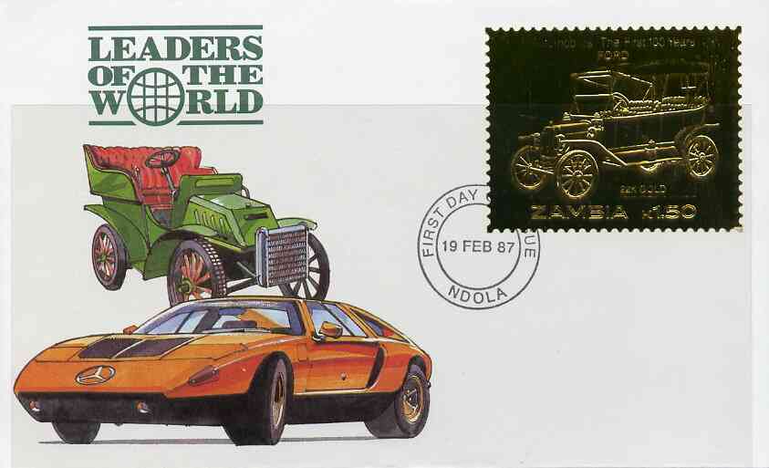 Zambia 1987 Classic Cars 1k50 Ford in 22k gold foil on cover with first day of issue cancel, limited edition and very elusive, stamps on 