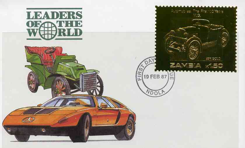 Zambia 1987 Classic Cars 1k50 MG in 22k gold foil on cover with first day of issue cancel, limited edition and very elusive, stamps on 
