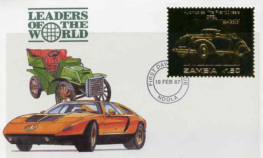 Zambia 1987 Classic Cars 1k50 Opel in 22k gold foil on cover with first day of issue cancel, limited edition and very elusive, stamps on 