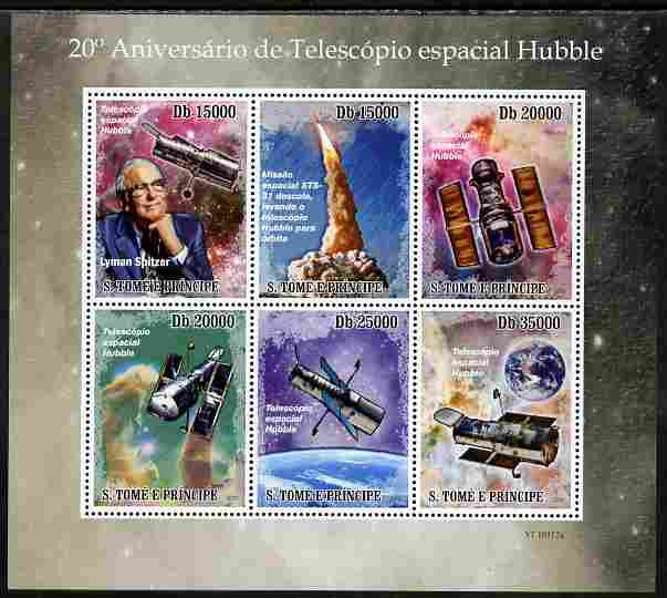 St Thomas & Prince Islands 2010 20th Anniversary of Hubble Telescope perf sheetlet containing 6 values unmounted mint , stamps on personalities, stamps on space, stamps on telescopes, stamps on satellites