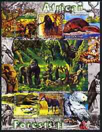 Kyrgyzstan 2004 Fauna of the World - African Forests #2 perf sheetlet containing 6 values unmounted mint, stamps on animals, stamps on apes, stamps on snakes, stamps on reptiles, stamps on parrots, stamps on crocodiles, stamps on hippos, stamps on snake, stamps on snakes, stamps on 
