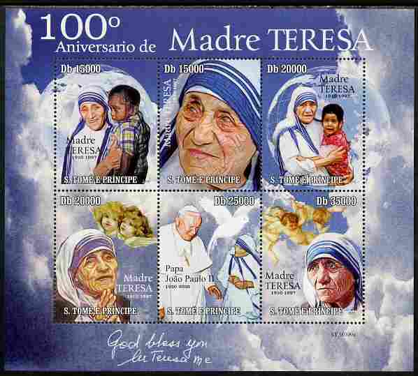 St Thomas & Prince Islands 2010 100th Anniversary of Birth of Mother Teresa perf sheetlet containing 6 values unmounted mint , stamps on personalities, stamps on women, stamps on human rights, stamps on peace, stamps on nobel, stamps on teresa, stamps on pope