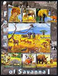 Kyrgyzstan 2004 Fauna of the World - Savanna #1 perf sheetlet containing 6 values unmounted mint, stamps on animals, stamps on antelopes, stamps on elephants, stamps on lions, stamps on cats, stamps on zebras, stamps on rhinos, stamps on vultures, stamps on birds of prey, stamps on zebra