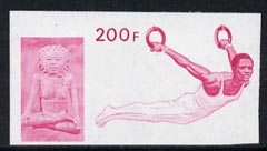 Guinea - Conakry 1969 Rings 200f imperf proof single in magenta only from Mexico Olympics set, unmounted mint as SG 682, stamps on gymnastics, stamps on rings, stamps on olympics, stamps on  gym , stamps on gymnastics, stamps on 